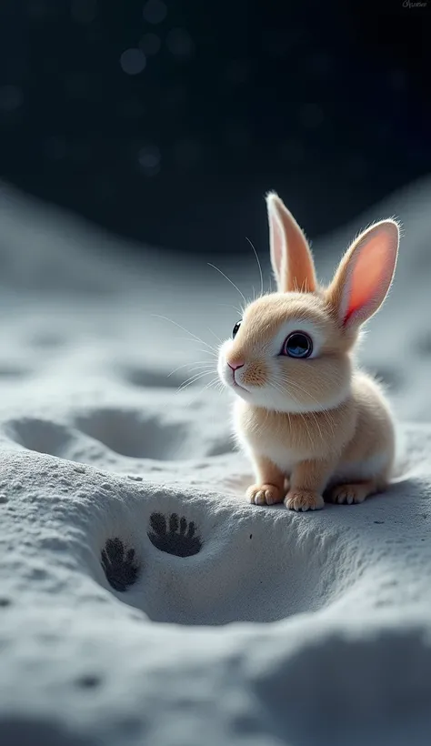 
A small rabbit footprint left in the moon dust, with Little Rabbit smiling at the impression it made.