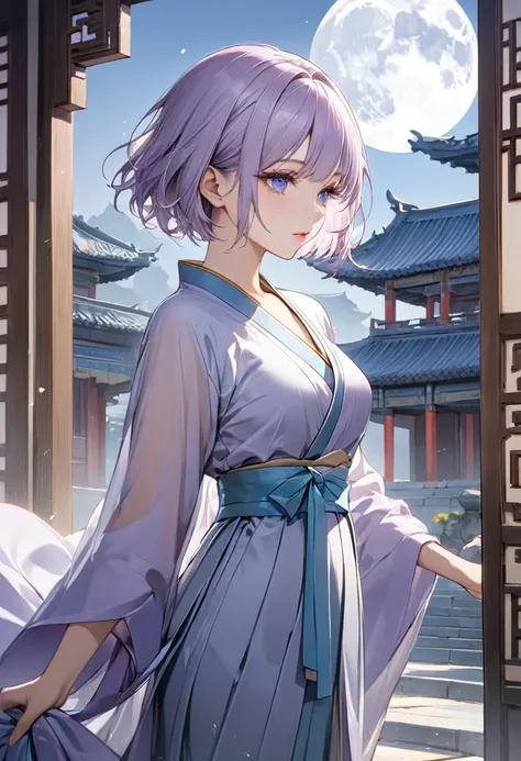 ((best quality)), ((Masterpiece)), (details), Young woman, alone, ( light purple hair, blue eyes, ((short hair)) , beautiful face, Beautiful skin, Long eyelashes, Thick eyelashes),song hanfu, song style outfits, short shan, pleated shan skirt, ancient pala...