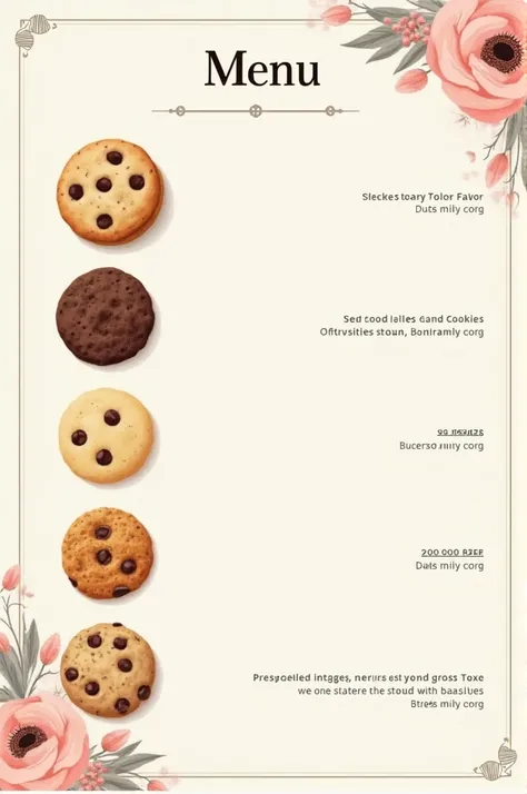 I want you to make a cookie menu, inspired by the colors of cookies. It must be delicate, and have space for six flavors, space for photos and space for prices. 