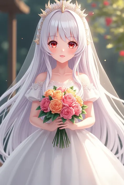 Eri from the anime My Hero Academia wearing a wedding dress. Her hair is white, face looks like a  girl and red eye pupils. Hand holding a bouquet of flowers. There is 1 horn located on the right side of the forehead under the hair.