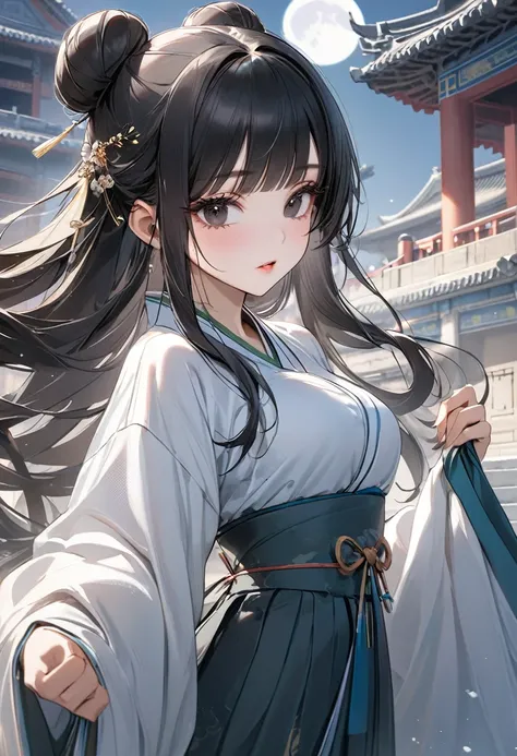 ((best quality)), ((Masterpiece)), (details), Young woman, (Medium bust, black hair, black eyes, ((long hair, buns)) ,(Bangs),Hip fart,Long eyelashes,Thick eyelashes)  ,song hanfu, song style outfits, short shan, pleated shan skirt, ancient palace, moon