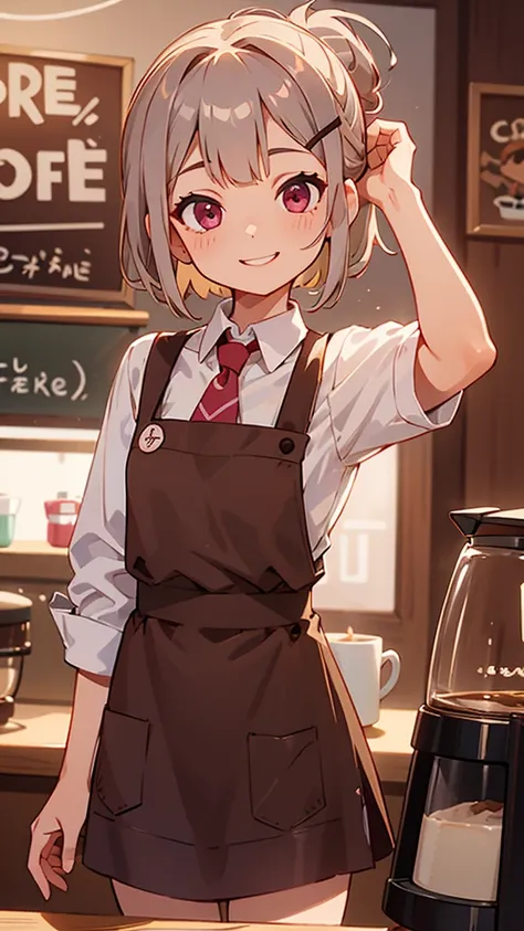 girl working in a coffee shop、brewing coffee in a coffee maker、expressive eyes、brown apron、silver and bob short hairstyle、tie yo...