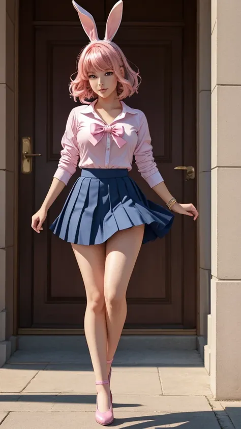 close up, (cute and sexy girl,pink hair,bunny girl:1.1,ultra-realistic,best quality,4k,highres,masterpiece:1.2),detailed lighting,anime, blue school uniform and blue pleated skirt, school background blurred,  captured mid-step in an elegant walk, with one ...