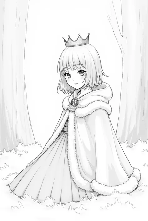 Pencil drawing of a girl with short hair, wearing a crown and a Santas cape Without so much detail.Please have a forest behind it with snow falling without any details. NO DETAILS,NO DETAIL