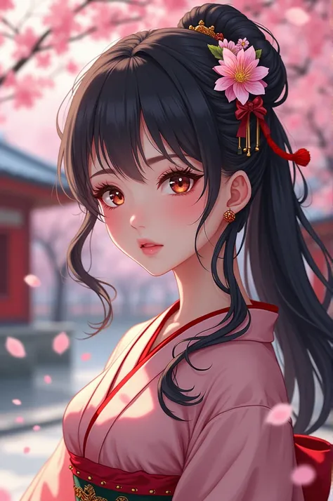 a detailed anime girl, extremely detailed eyes and face, long eyelashes, beautiful detailed lips, beautiful skin, perfectly styled hair, intricate hair ornaments, elegant traditional japanese clothing, detailed flower decoration, detailed sakura trees, det...