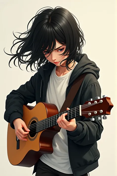 Boy with long black hair in white t-shirt and black jacket playing guitar 