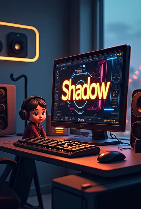 This is a  computer and  keyword and mouse that features the name "shadow" in a futuristic font and a neon Golden color. and cuteBoy Anime avtar on site the chair, The logo also has a stylized controller icon. The logo is designed to be attractive and eye-...