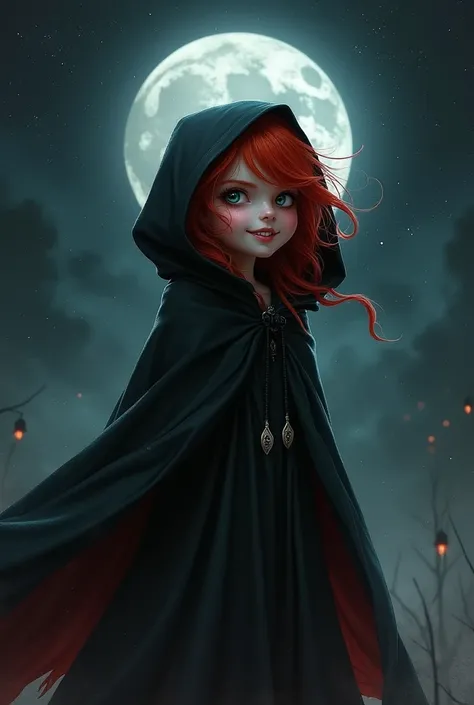  very small with a black cape and red hair and laughing at night 