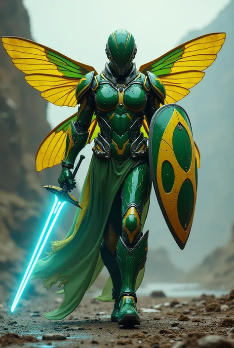 Hero with shield the color of the Brazilian flag. Green and yellow technological armor with cicada wings, Blue Sword