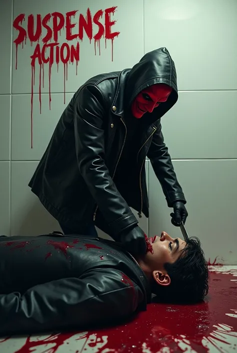 The image shows a man in a black leather jacket and a red mask covering his face, standing in front of a white tiled wall with the word "suspense action " written in red letters. He is holding a knife in his right hand and appears to be in the process of c...