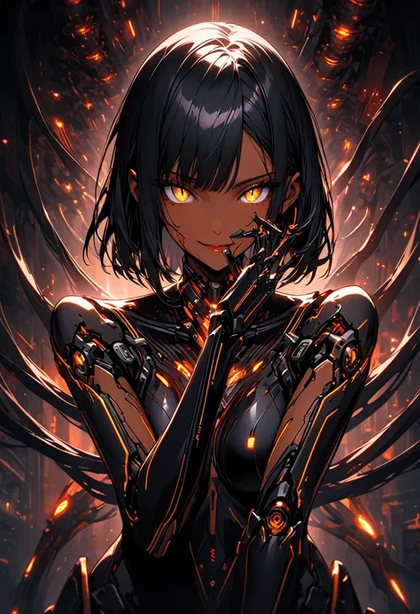 solo, female, close up, Black hair, sleek and straight hair, chin-length bob cut, slightly tousled bangs framing her face, hair infused with metallic threads, shimmering hair, slit pupils, amber-gold iris, augmented eyes, Smooth skin, tan, faint silvery ve...