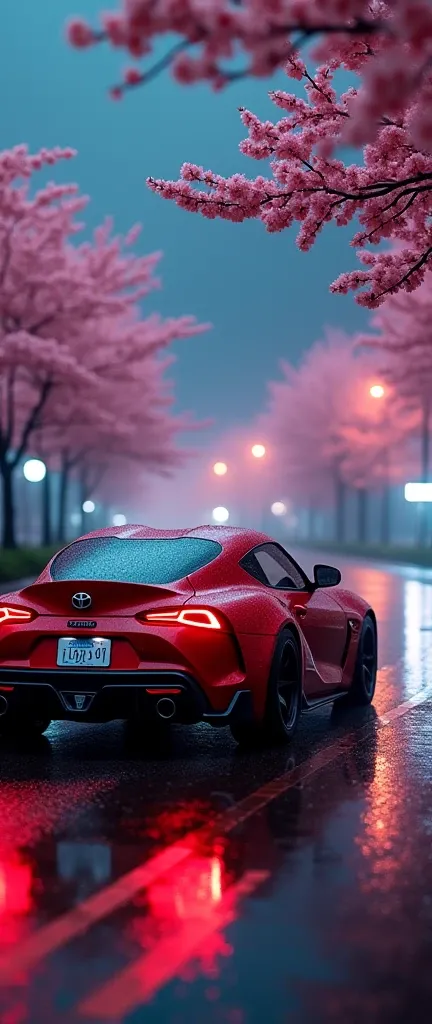 toyota supra at night when it rains on the road near cherry blossom trees