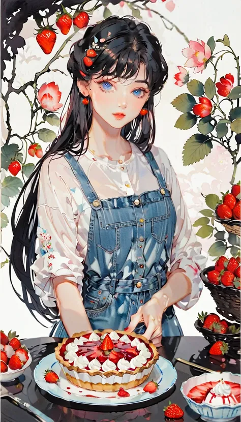 (((paper cutting style))), 1 girl, short black hair, straight long hair, blue eyes,  portfolio, shirts, denim, strawberry pie