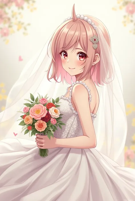 drawing Eri from the anime My Hero Academia. A girl with a face like a  girl, round red eyes, and a horn on the right side of her forehead. She wears a wedding dress and holds a bouquet of flowers.