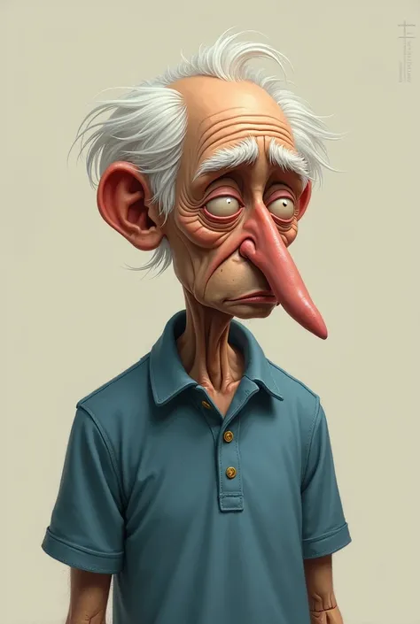 sad pinocchio, baldness white hair only around the head, blue polo, long nose, senor