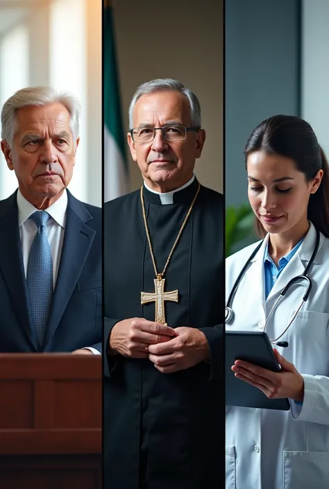 Create a 4k photo split into three: a politician speaking at a podium. A priest. A doctor with a stethoscope around her neck and a tablet in her hand.