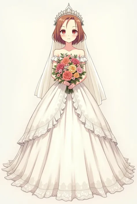 drawing Eri from the anime My Hero Academia. A girl with a face like a  girl, red round eyes, has 1 horn on the right forehead. She is wearing a wedding dress., hand holding bouquet of flowers