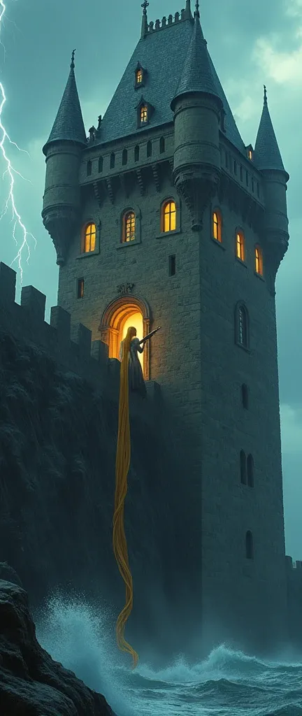 there is a very tall tower made of stone, It has narrow, bright windows, inside one of the windows is Rapunzel, she her long hair falling out of the tower, she is aiming at me with a sniper, super realistico, real as a mirror, dark and macabre, lightning, ...