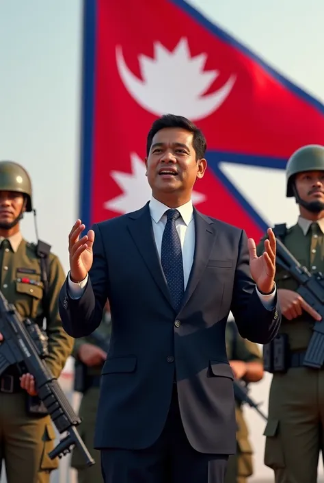 Generate the youth president of Nepal that is giving speech and protected with Best millatries with advance equipment and There should be a Nepal flag behind all of them