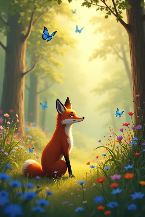 Create an image of a fox watching the forest on a beautiful afternoon with all the flowers nearby and blue butterflies. 