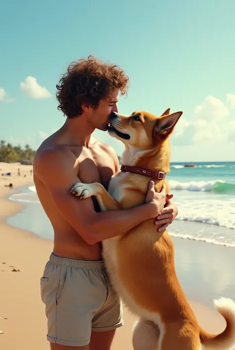  curly haired guy making out with a dog on the beach 