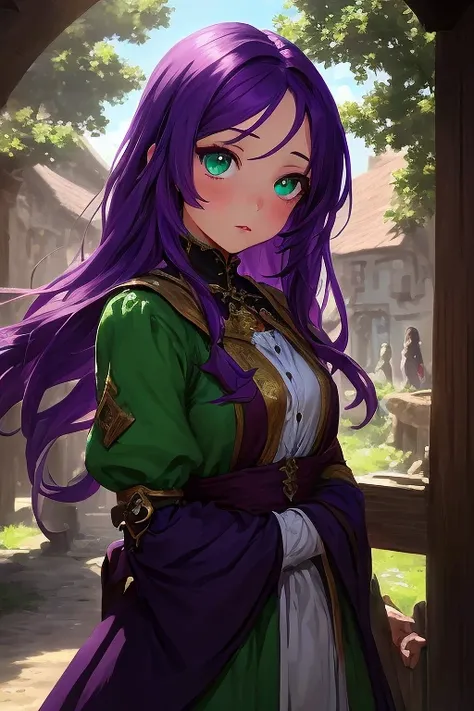 A  girl, long purple hair, small, cute, medieval era, green eyes, full body, frontal view, sunny, peasant clothing, (best quality,4k,8k,highres,masterpiece:1.2),ultra-detailed,(realistic,photorealistic,photo-realistic:1.37),young girl,medieval,purple hair,...