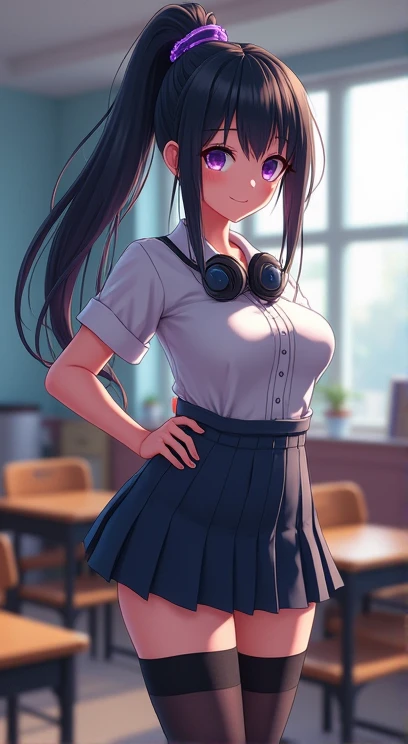 black haired girl,,purple eyes,hair in ponytail, big breasts,high school clothes,long black stockings school classroom background, animated style,3D,High resolution, High details, Very detailed, Headphones on the neck Accent lines, 