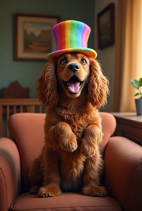 American Cocker Spaniel dog standing on a chair in a room, screaming with his mouth open, and a rainbow-colored hat on his head.