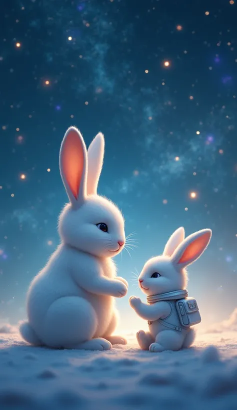 
White Moon Rabbit without spacesuit invites Little white Rabbit in spacesuit and spacehelmet, to sit down, gesturing toward the sky. The two sit together, surrounded by glowing stars.