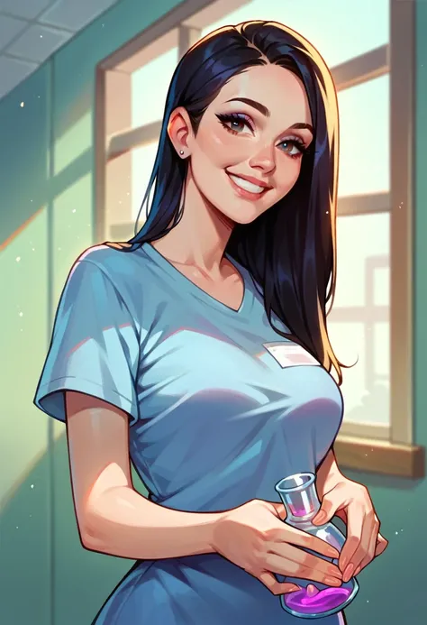 A black long-haired woman wearing a t-shirt holding a flask in her hand , Smiling while looking at his own hands ,hospital, beautiful face ,Shut your mouth