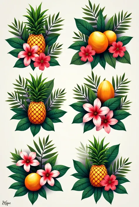 Logos fruit tropicaux  avec du feuillage et des fleur tropicals