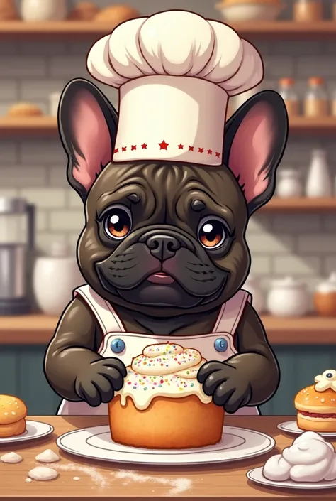 Create me a black and brown French bulldog cake baker with an animated anime-style hat, 
to add it to a logo
