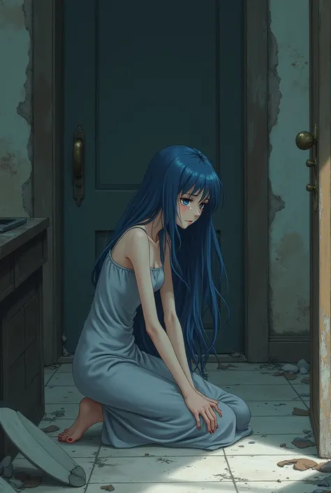 An anime-style woman with blue hair and a gray dress crying in an abandoned house