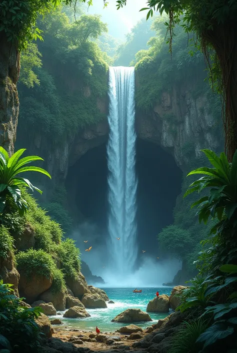 generate a dense rainforest with a hidden cave behind a waterfall. Water should flow between moss-covered rocks and the cave entrance should be partially hidden by vegetation.. Add exotic fauna like birds and small animals."
