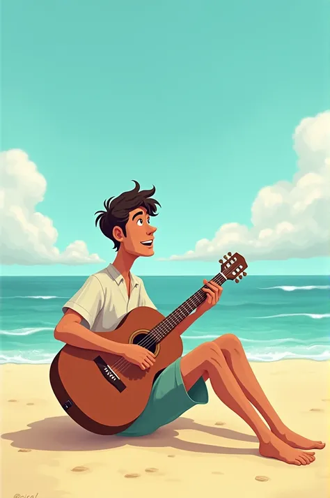 By the sea in Ipanema, a singer with a guitar is sitting on the sand with a peaceful smile on his face and is dressed casually, with a light shirt, shorts and barefoot while singing looking at the sea. CARTOON STYLE KNIFE, not very real