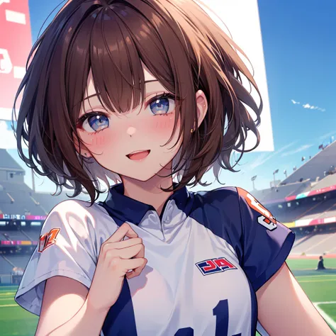 Best Quality、8k、masterpiece))、((One person、((cute))、A big smile、Blushing、Mouth open、Brown Hair、Short Bob Hair、Ultra detailed face、Ultra-detailed eyes、Ultra detailed hair、Sports uniforms