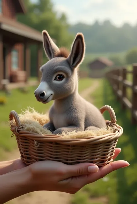 ((masterpiece,best quality,）），close up，side，Cute donkey in a small basket，A sexy hand holding a basket, a farm background.