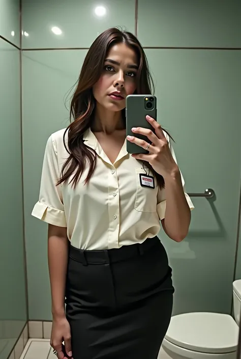 2 woman takes photo in front of simple bathroom mirror. She is wearing a white cashier&#39;s shirt with her ID and a very realistic black bell-shaped skirt. She has long dark brown hair and takes the photo in first person.. Woman takes photo in front of ba...