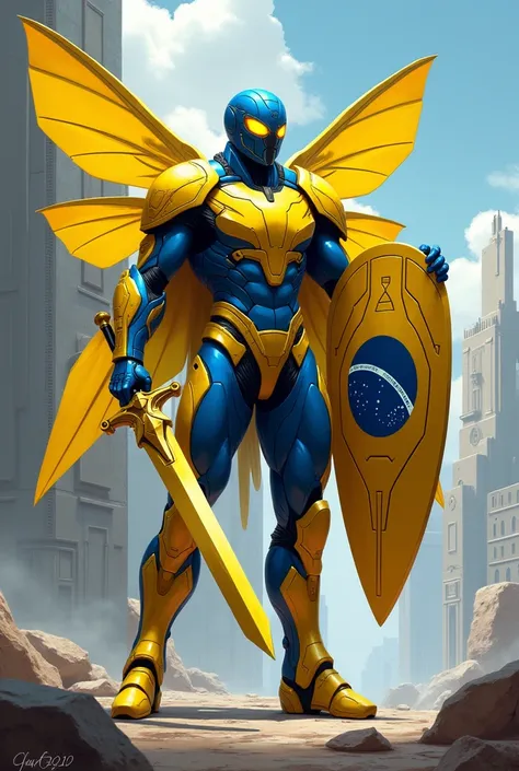 Hero with blue and yellow iron armor future technology, yellow shield with details of the Brazilian flag. Cicada Wings and Golden Sword 