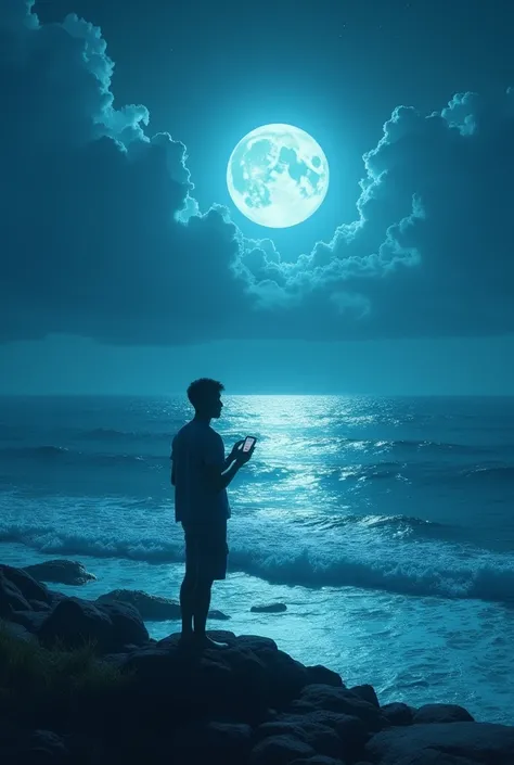 Image of ocean moon at night man music player 