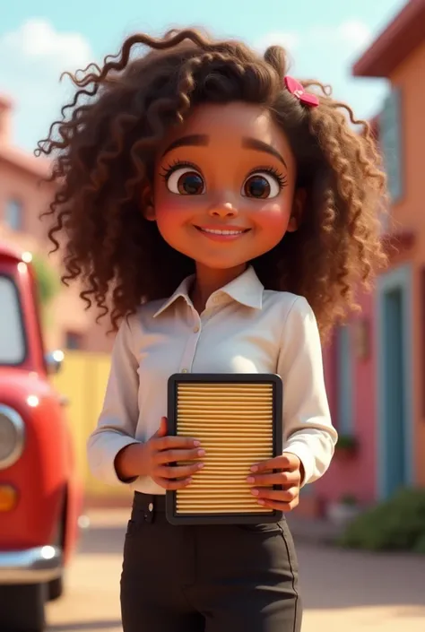 create a disney pixer image of a girl character with brown curly hair, smiling and holding a car air filter. wearing formal clothing. white shirt and black pants