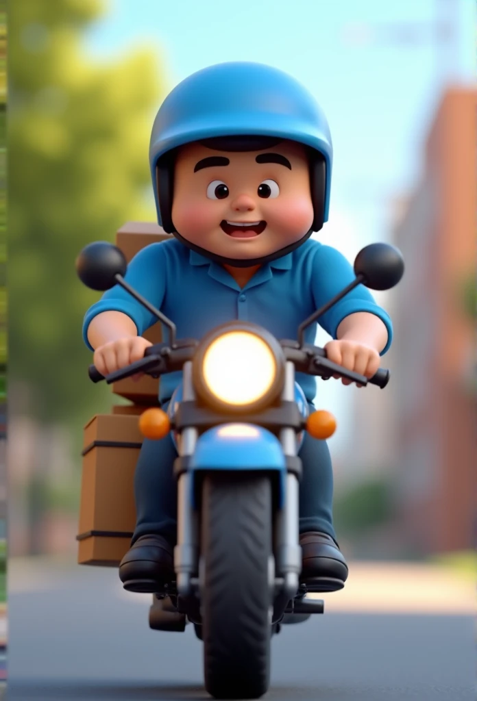 Cartoon character of a 2 man in a blue shirt and blue helmet driving a motorcycle seen from the front making home delivery , animation character, stylized character, animation style rendering, 3d stylized, Arnold Maya rendering, Stylized 3D rendering, toon...