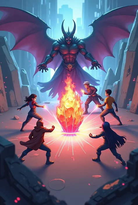 Create a modern digital illustration style image with anime influences. Show the guardians defending the crystals against the villain. Michael, Ana, Pedro and Lia must be in strategic positions around the crystals, using their powers to protect the crystal...