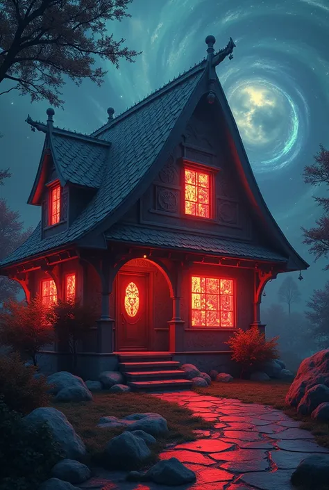 Wise cottage house With the atmosphere as if it were in the starboy song from The weekend With red lights and more futuristic