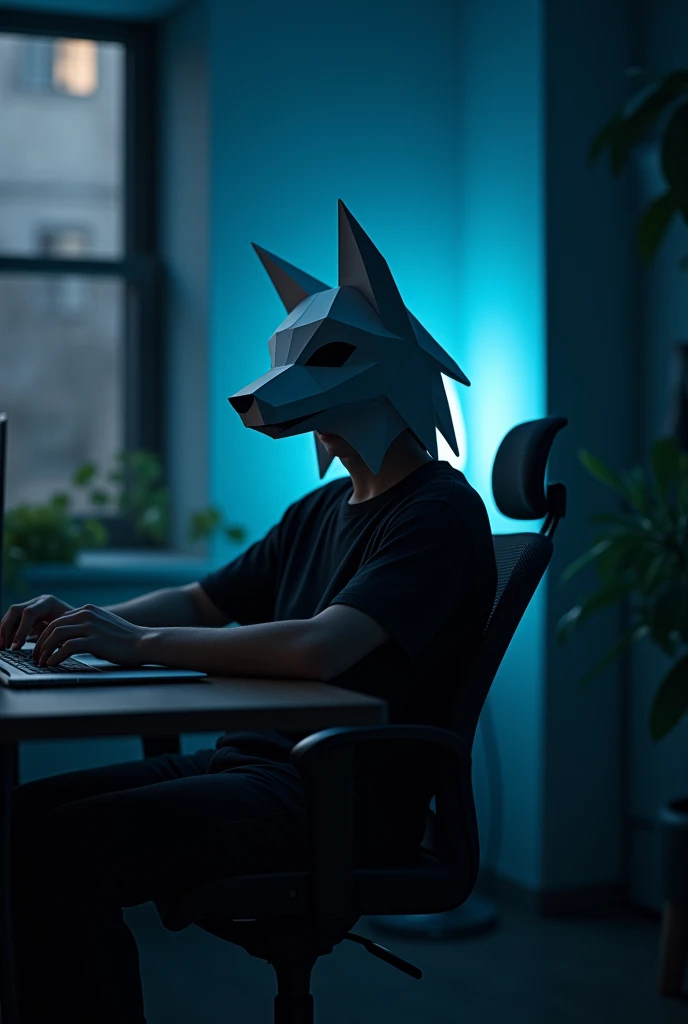 Wolf  diy paper Masked man with black t shirt.sitting on the office chair.  Sitting corner of the room with blue light shade and dark background .mac Book on tha table . Side window with plants 