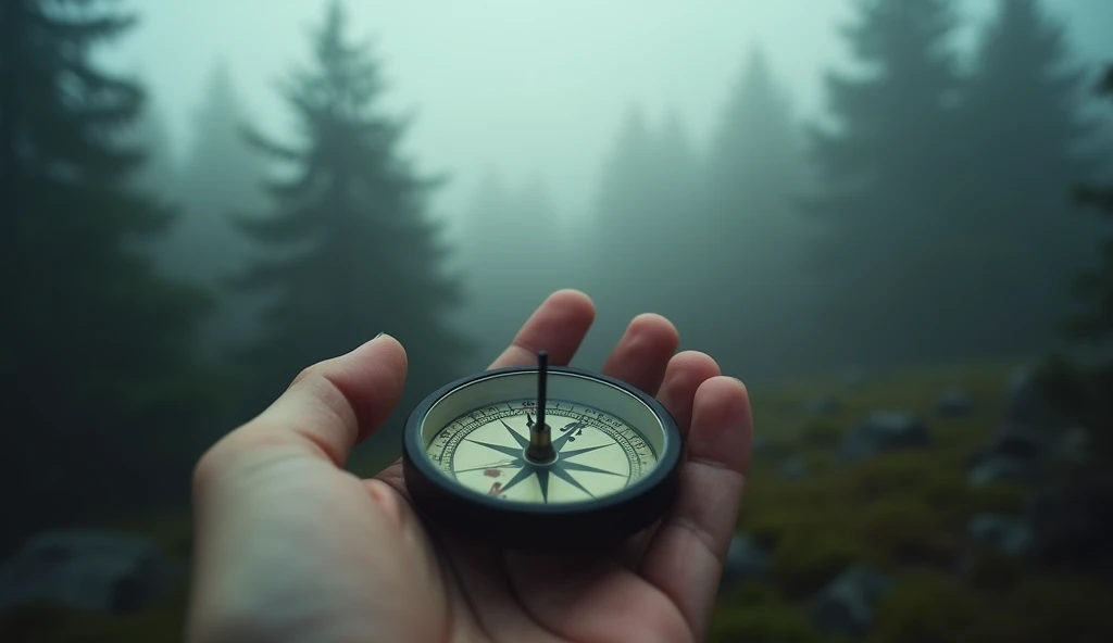 A close-up of a spinning compass in Bobs hand, with the foggy forest background blurred. The compass needle is erratically moving, conveying a sense of disorientation and helplessness. The image should reflect confusion and the loss of direction