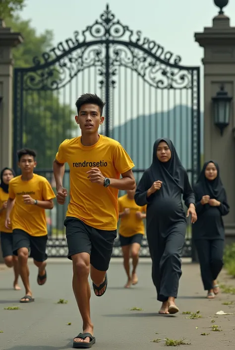 photographyrealistic. of young Indonesian men. wearing a yellow t-shirt that says rendrasetio. shorts, flip flops. faces with expressions of fear and running after 10 beautiful young Indonesian women hijab  who were pregnant. At the back there is a large g...