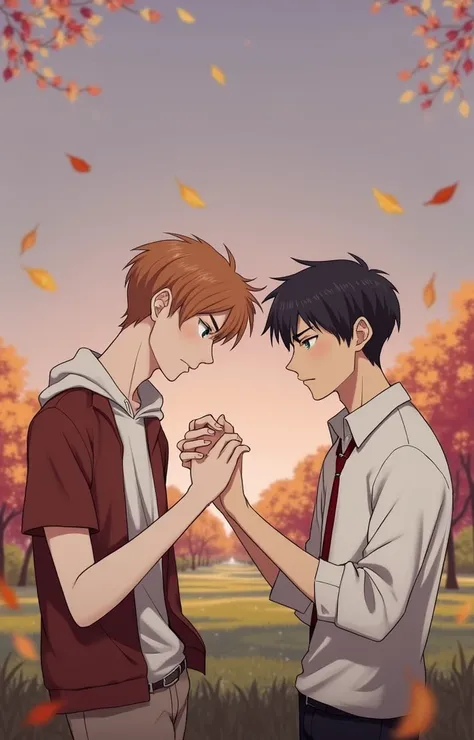 Two completely different teenage men, holding hands but at the same time moving away from each other. There must be autumn trees in the background, blue sky and green grass. 