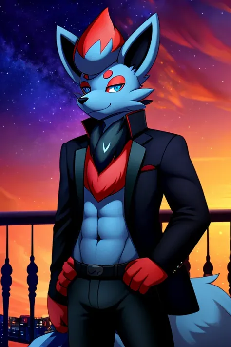 work of art, high qualiy, 4k, beautiful design, ablaze, (by_kurope':1.1), furry, zorua, male, waering a blazer, extremely detail...