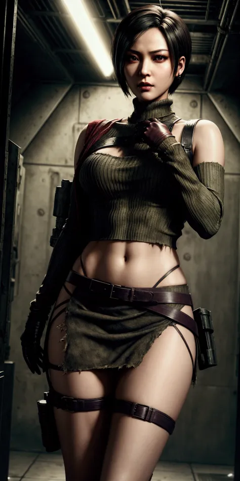 ada wong, torn ragged sweater, sexy pose, thin narrow waist, open legs, realistic skin, earrings, short gloves covered arms, underground biolaboratory background, military belts, resident evil style, open belly, open shoulders, (ragged cloth),